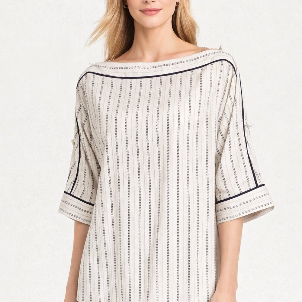 Ann Taylor Women’s XS Cream & Black Stripe Blouse | Boat Neck 3/4 Sleeve Classic